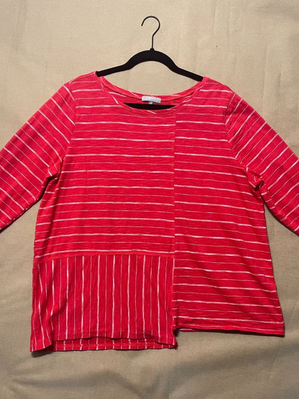 Habitat Top Raspberry Stripe Sz XL 3/4 Sleeve Cotton Relaxed Artsy Resort Beach